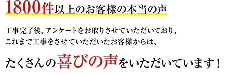 1800件以上のお客様の本当の声 工事完了後、アンケートをお取りさせていただいており、これまで工事をさせていただいたお客様からは、 たくさんの喜びの声をいただいています！